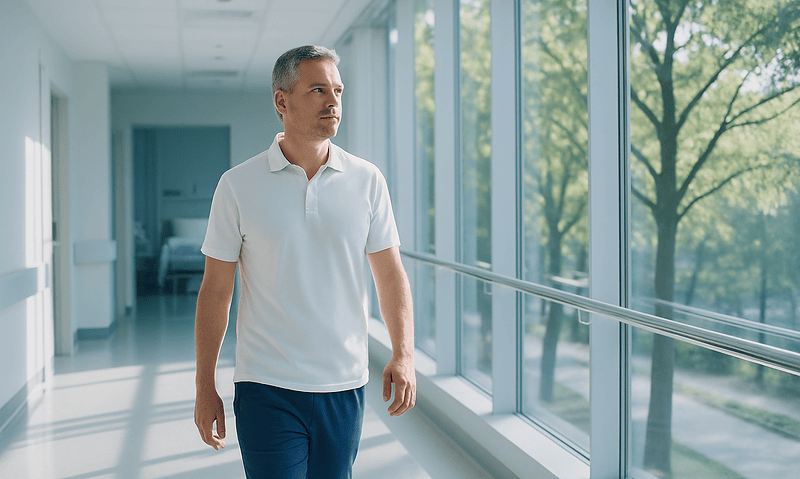 Male patient walking in hospital corridor with large windows and natural light.