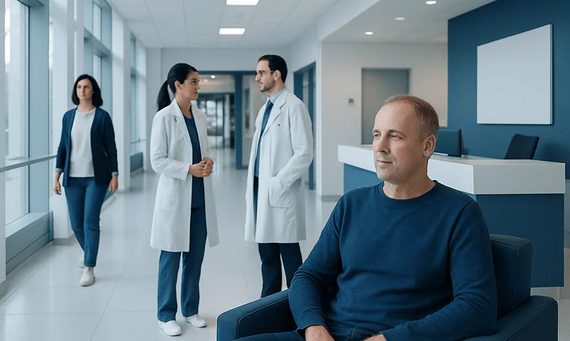 Patients and doctors in a modern hospital corridor.