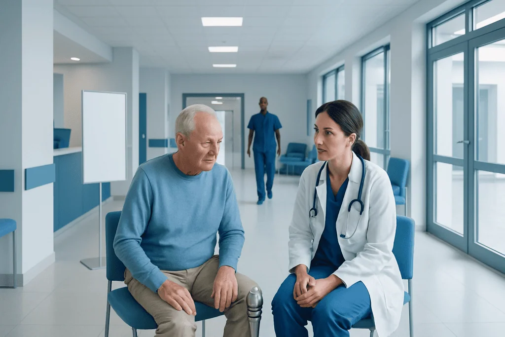 Joint Replacement: Procedure, Recovery and Results 1 Doctor consulting with elderly patient in hospital corridor.