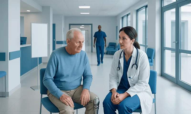 Joint Replacement: Procedure, Recovery and Results 10 Doctor consulting with elderly patient in hospital corridor.