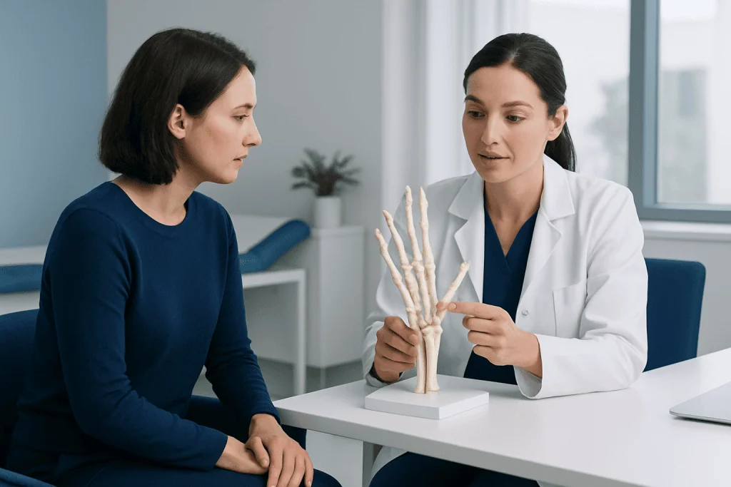 Doctor explaining hand and wrist bones to patient in consultation room.