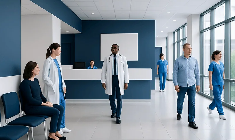 Healthcare professionals and patients in a modern hospital lobby with large windows.