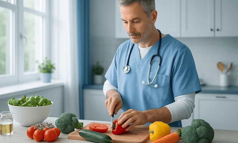 Doctor preparing fresh vegetables in a modern kitchen for healthy eating.