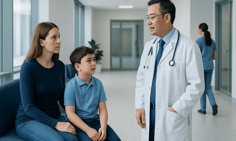 Doctor consulting with a mother and son in a hospital corridor.