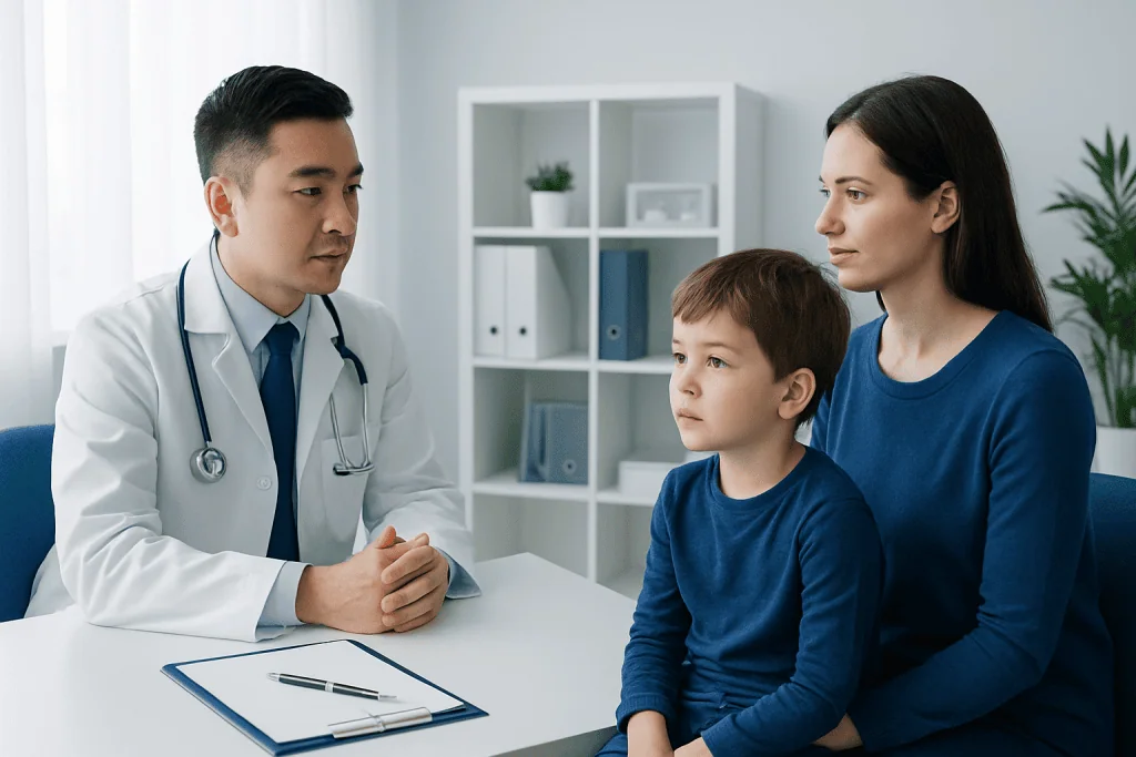 Pediatric consultation at Acibadem Hospital with doctor, mother, and child.