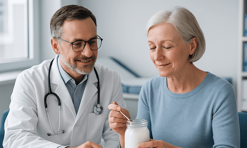 Doctor and elderly woman enjoying kefir in a medical setting.