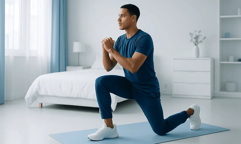 Young man doing pelvic floor exercises at home in a bright room.