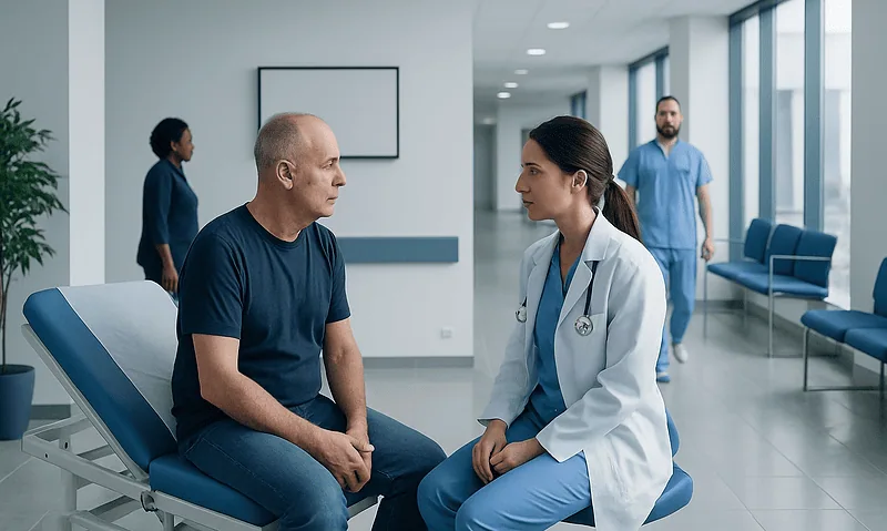 Doctor consulting with a patient in a hospital corridor.