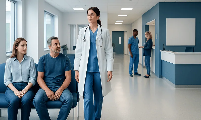 Health Library 17 Healthcare professionals and patients in a modern hospital corridor.