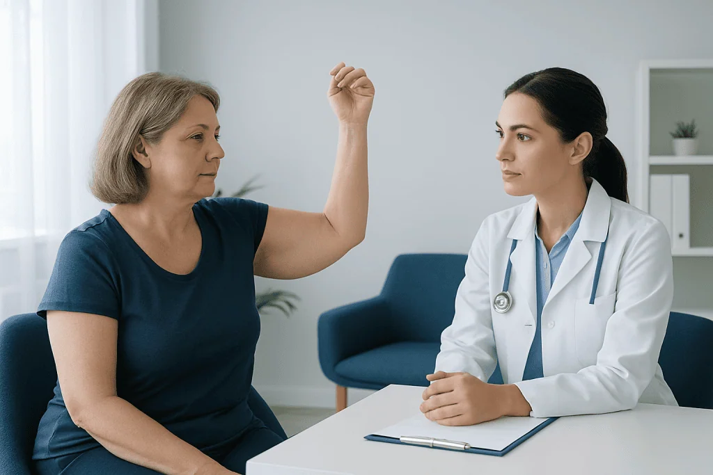 Doctor examining arm movement of a patient in consultation room.