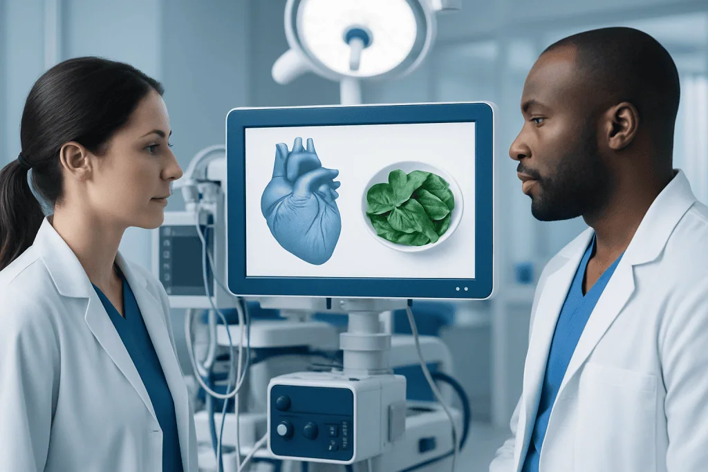 Doctors analyzing heart and spinach images on medical monitor in hospital.