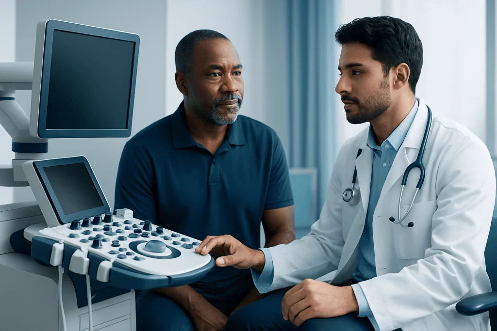 Doctor consulting with patient in a medical examination room at Acibadem Hospitals.