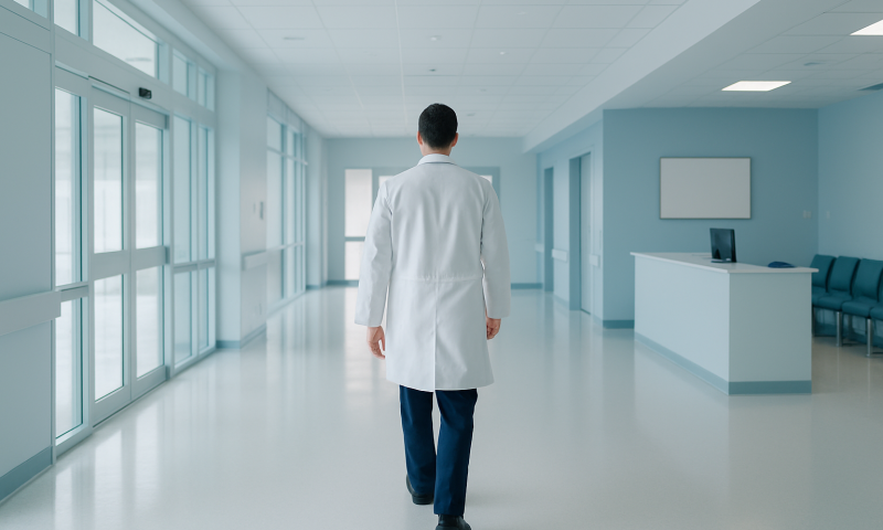 Doctor walking down a hospital corridor with large windows and modern design.