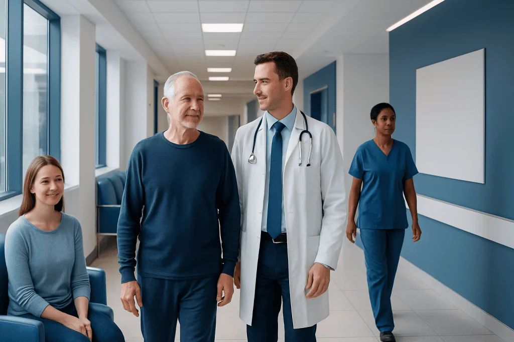 Kidney Cancer Recovery Rates: An Evidence-Based Patient Guide 1 Doctor talking to elderly patient in hospital corridor with staff and patient.