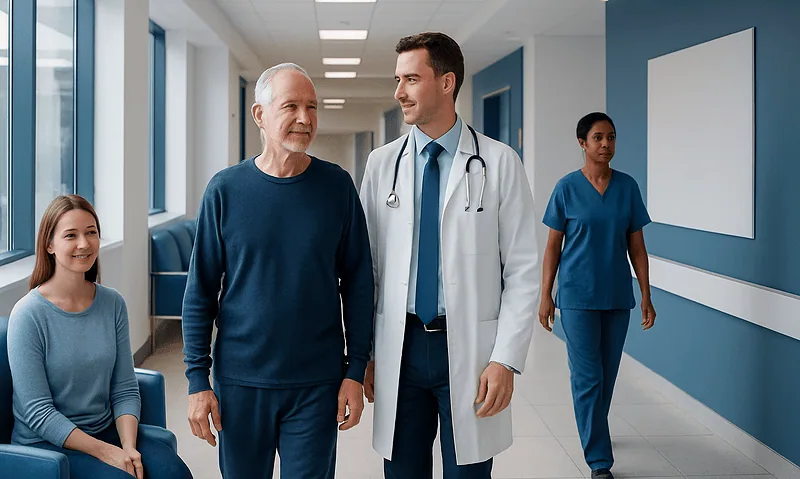 Doctor talking to elderly patient in hospital corridor with staff and patient.