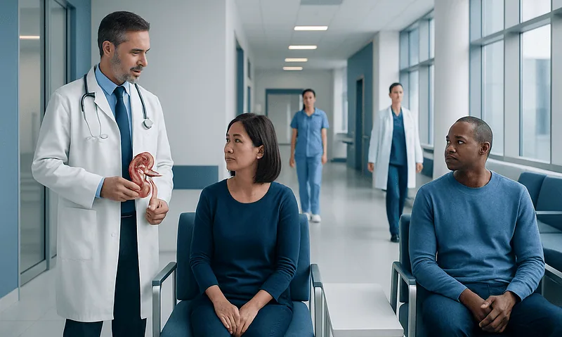 Doctor explaining kidney health to patients in hospital corridor.