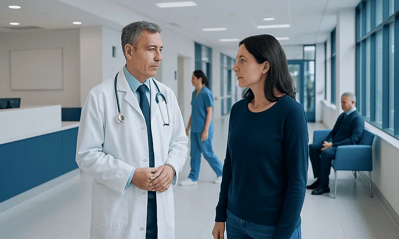 Doctor and patient having a discussion in a modern hospital corridor.