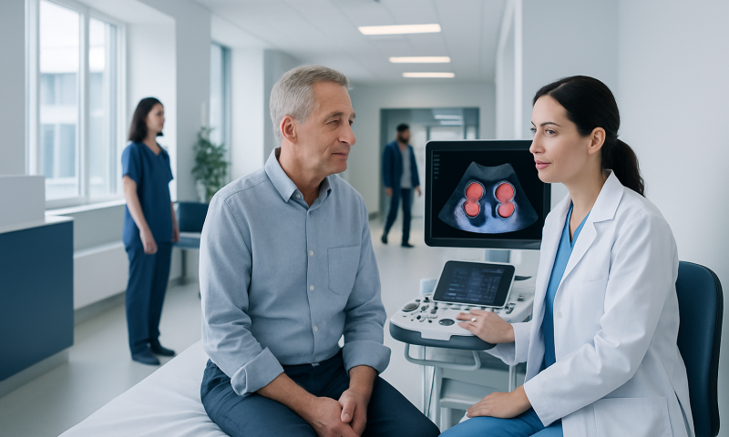 Urologist explaining kidney ultrasound results to a patient in a hospital.