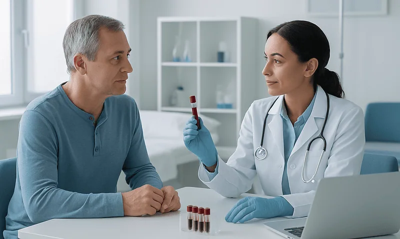 Doctor explaining blood test results to a patient in a clinical setting.