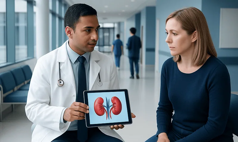 Doctor explaining kidney health to a patient in a hospital corridor.