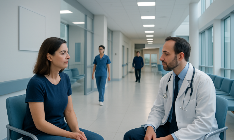 Doctor consulting female patient in hospital corridor for kidney health.