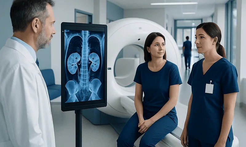 Medical professionals discussing kidney MRI results in hospital setting.