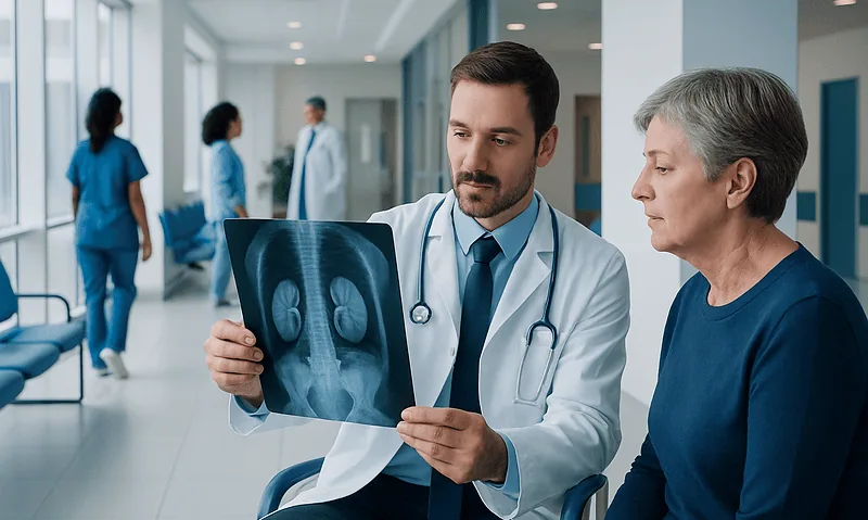 Doctor reviewing kidney X-ray with elderly patient in hospital corridor.