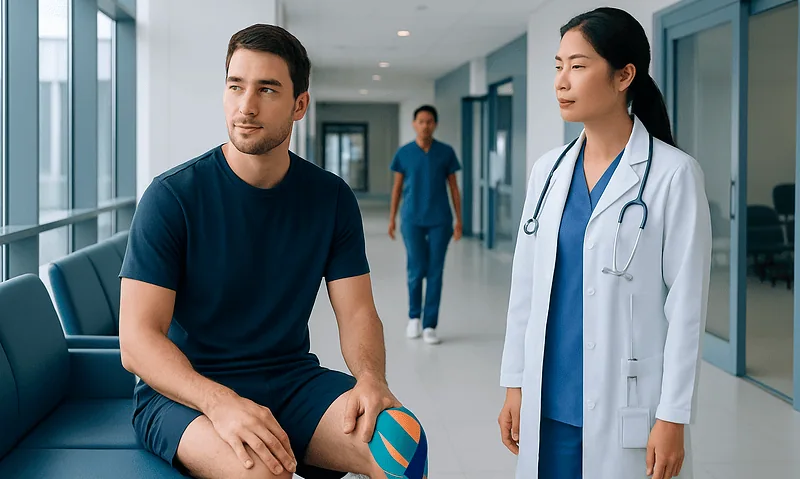 Patient with knee injury consulting with doctor in hospital corridor.