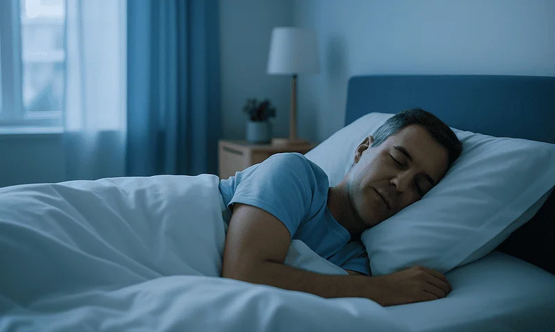 Man sleeping peacefully in a modern bedroom with blue walls and natural light.