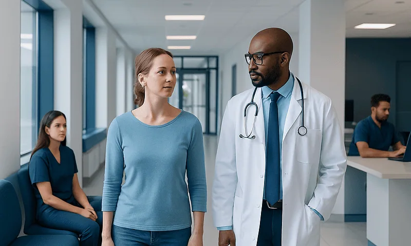 Doctor talking to a patient in a hospital corridor with staff in the background.