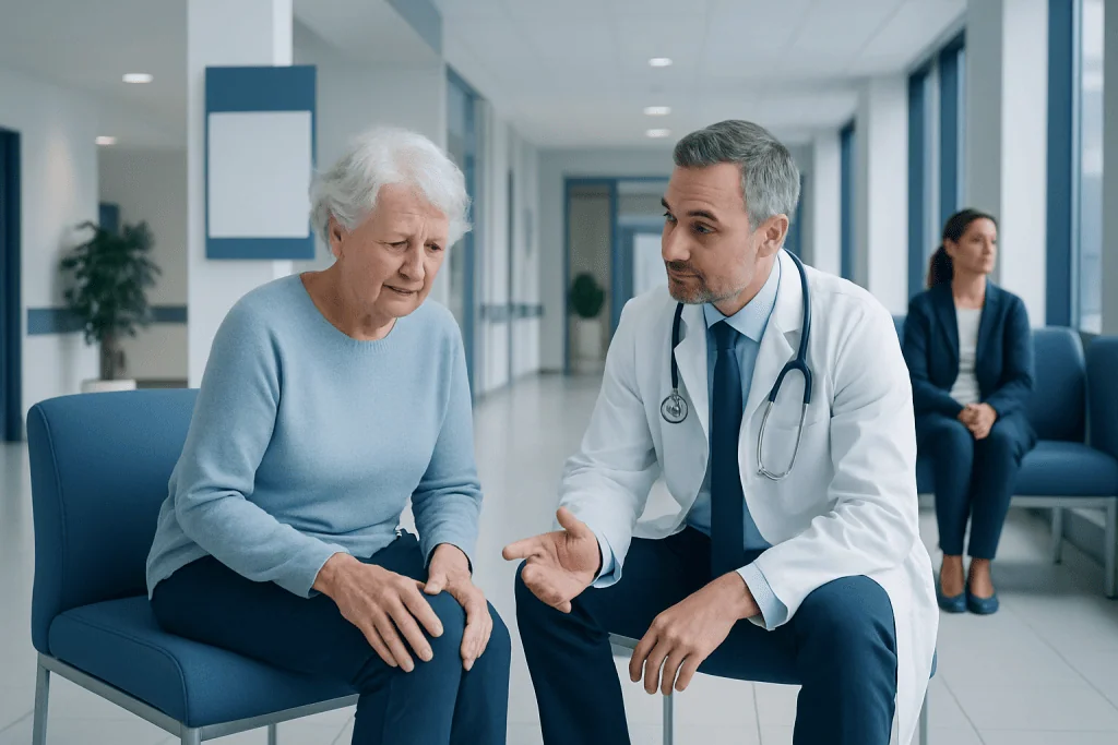 Knee Arthritis Treatment Without Surgery: Procedure, Recovery and Results 1 Doctor consulting with elderly patient in hospital corridor.
