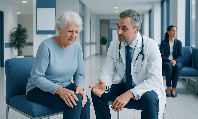 Doctor consulting with elderly patient in hospital corridor.