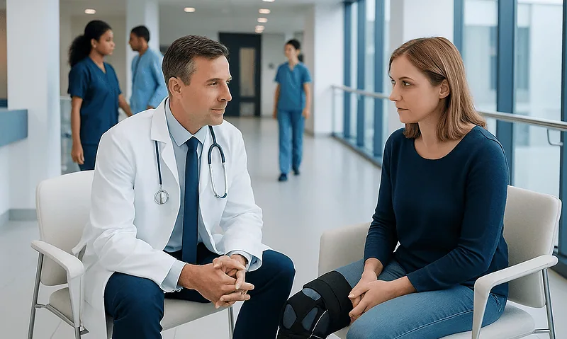 Doctor consulting with a patient in a hospital corridor.