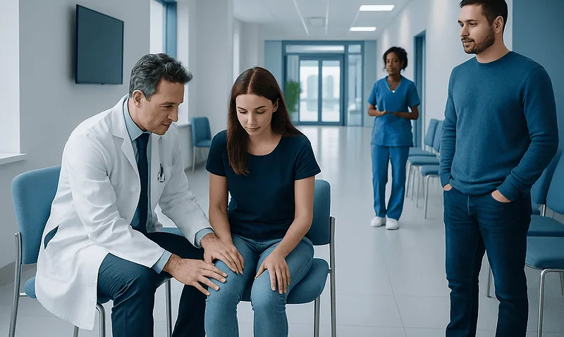Doctor examining a young woman's knee in a hospital corridor.