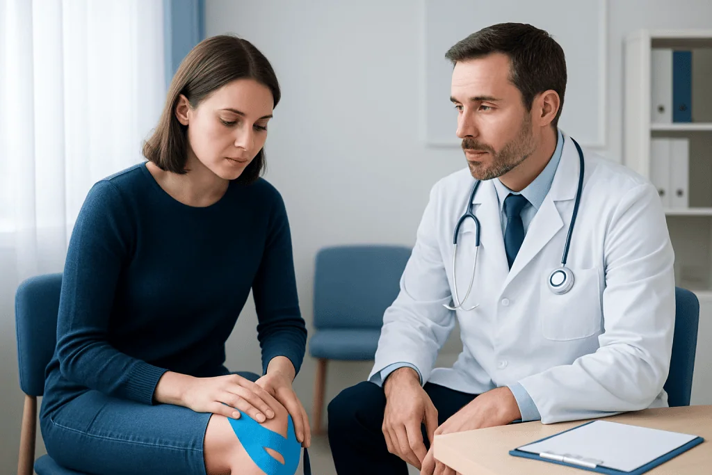 Doctor explaining kinesiology tape application to patient with knee pain.
