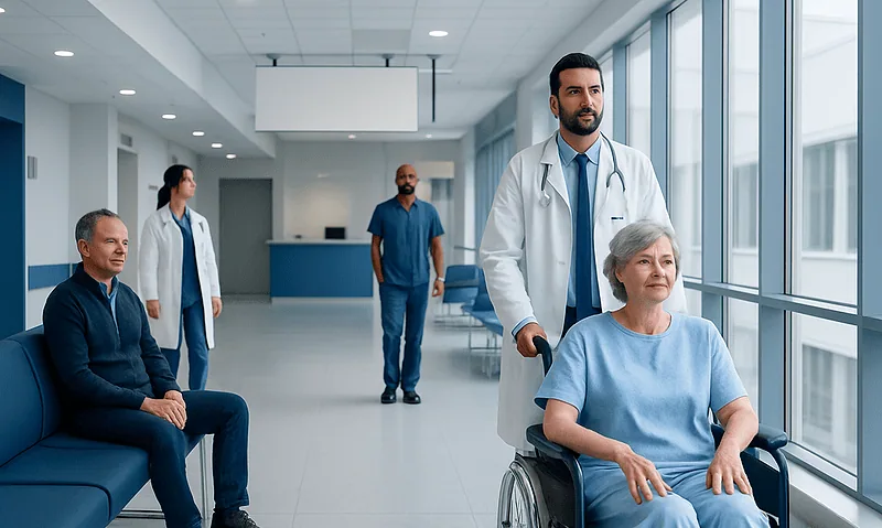 Hospital staff assisting elderly patient in a modern medical facility.