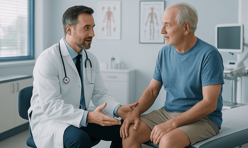 Doctor consulting with an elderly male patient in a medical office.