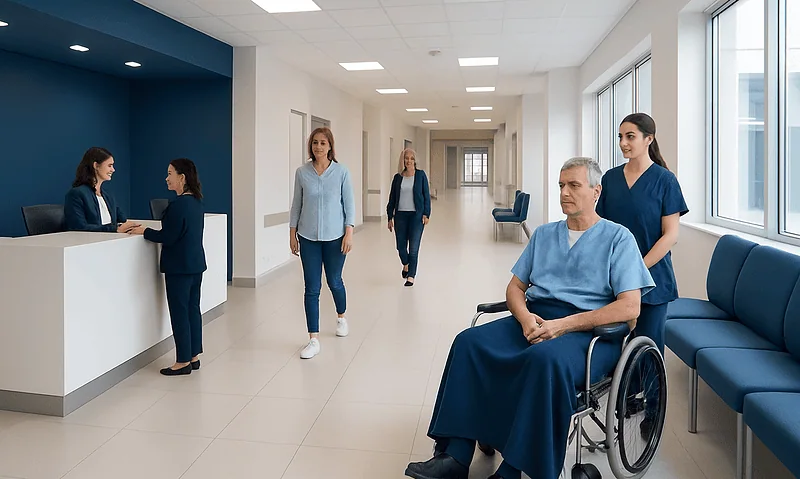 Hospital corridor with staff and a patient in wheelchair at Acibadem Hospitals Group.