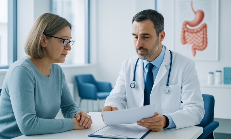 Doctor consulting with a female patient in a medical office.