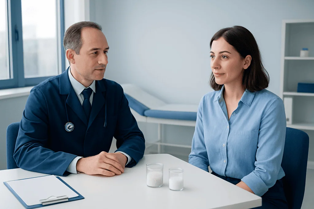 Doctor consulting with a female patient in a medical office.