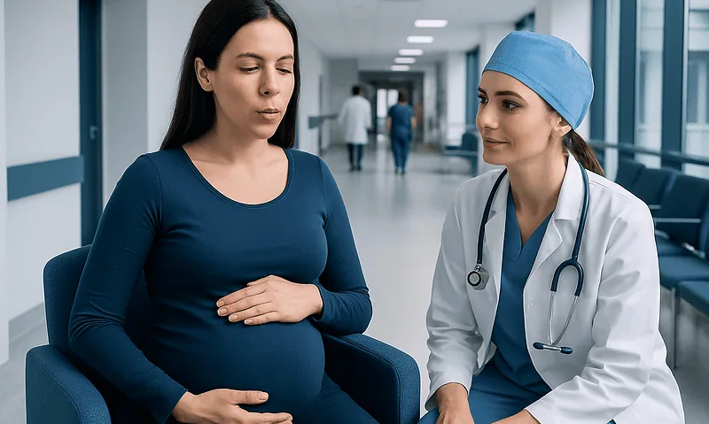 Pregnant woman consulting with a healthcare professional in hospital corridor.