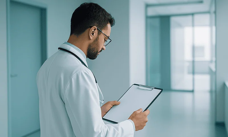 Doctor reviewing patient data on a tablet in a hospital corridor.