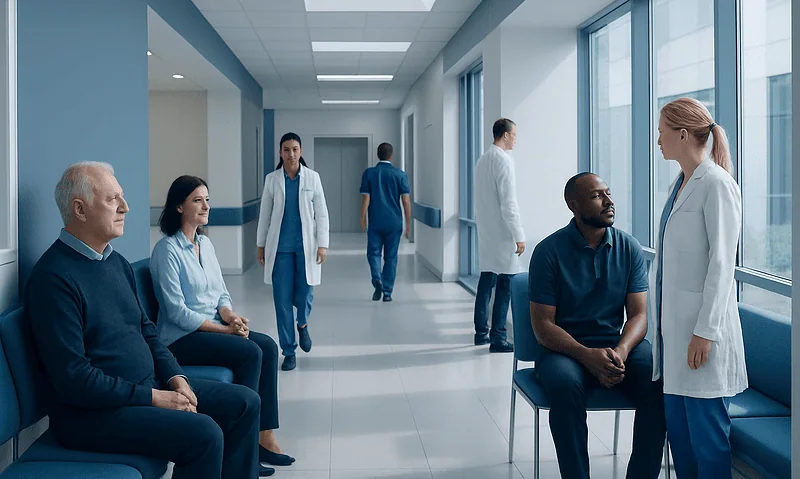Patients waiting and consulting with healthcare professionals in a hospital corridor.