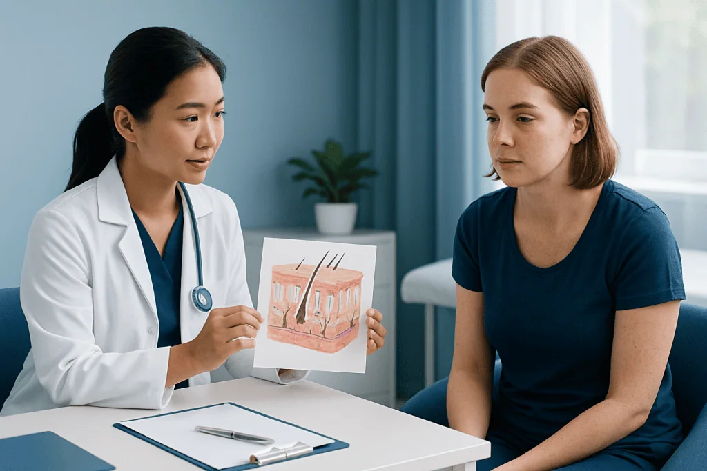 Dermatologist explains skin structure to patient during consultation.