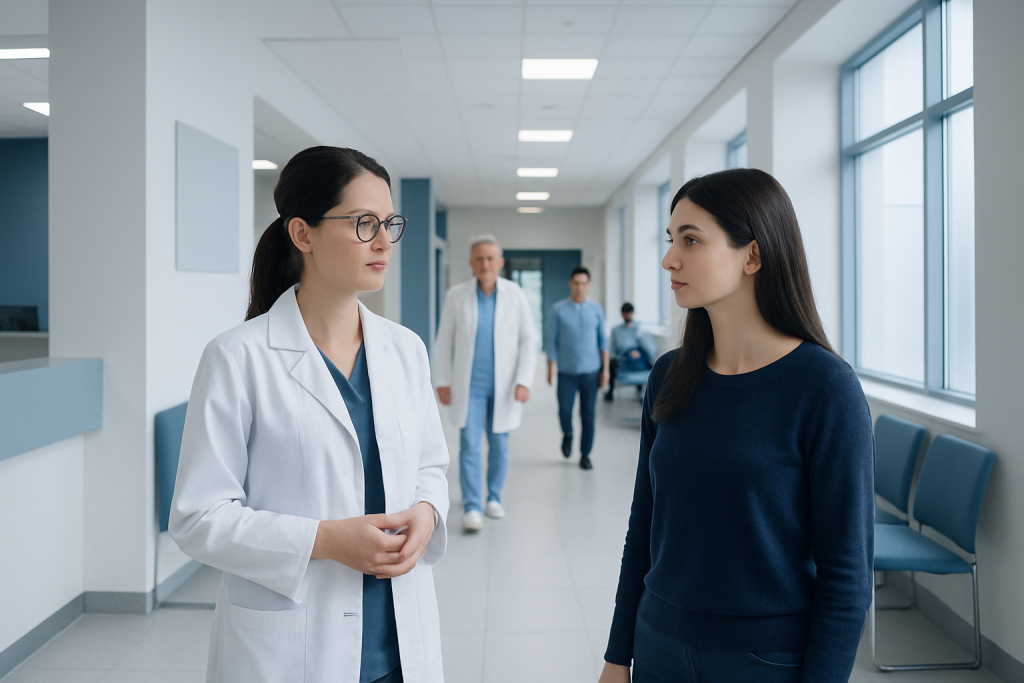 Lasek vs LASIK: Differences Explained 1 Doctor and patient having a conversation in a hospital corridor.