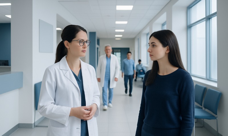 Doctor and patient having a conversation in a hospital corridor.