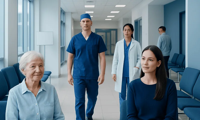 Medical team and patient in hospital corridor at Acibadem Hospitals Group.