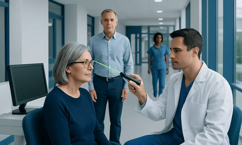 Ophthalmologist examines elderly woman's eyes in a modern clinic setting.