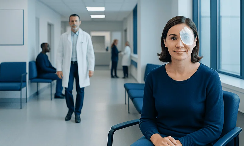Woman with eye patch in hospital corridor after laser eye surgery.