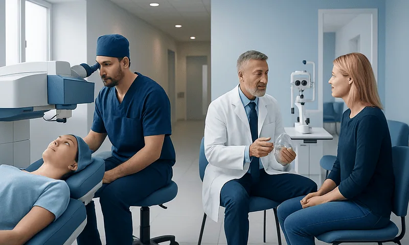 Ophthalmologist explains eye surgery options to a patient in a clinic.